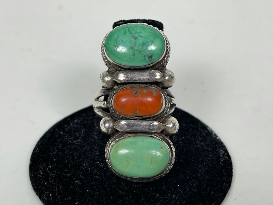 Vintage Sterling Silver Turquoise And Coral Ring Size 8 16.1g [Photo 1]