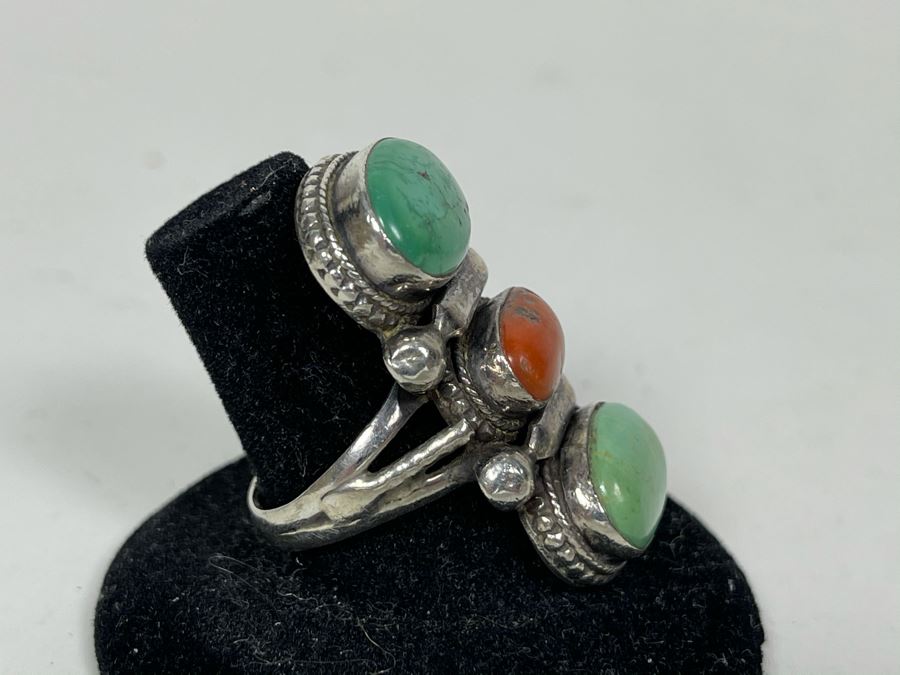 Vintage Sterling Silver Turquoise And Coral Ring Size 8 16.1g [Photo 5]