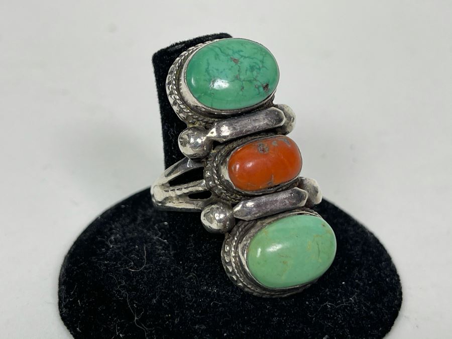 Vintage Sterling Silver Turquoise And Coral Ring Size 8 16.1g [Photo 3]