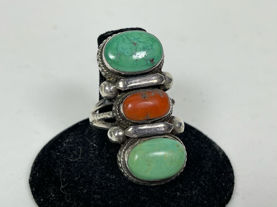 Vintage Sterling Silver Turquoise And Coral Ring Size 8 16.1g [Photo 4]