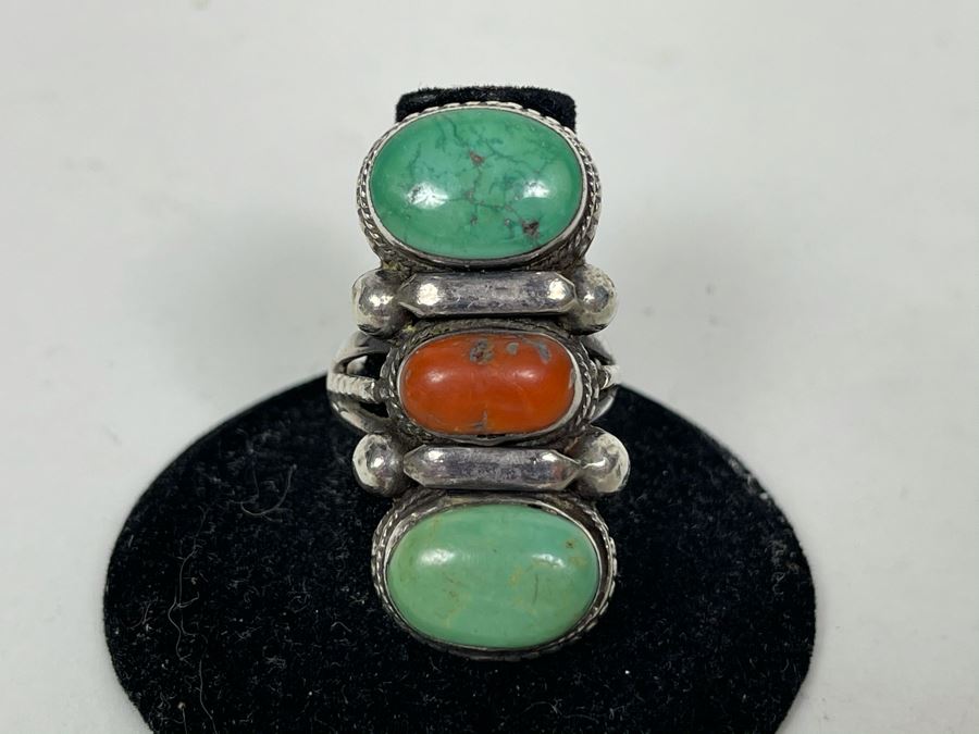 Vintage Sterling Silver Turquoise And Coral Ring Size 8 16.1g [Photo 2]