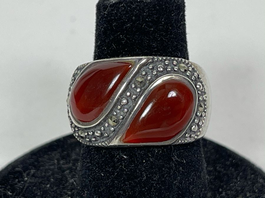 Vintage Sterling Silver Ring With Carnelian And Marcasites Size 6.25 7.1g [Photo 1]