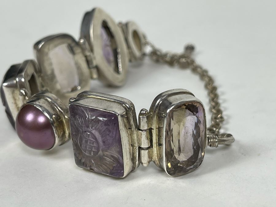 Vintage Sterling Silver Pearl And Multi-Stone Bracelet 57.1g [Photo 8]