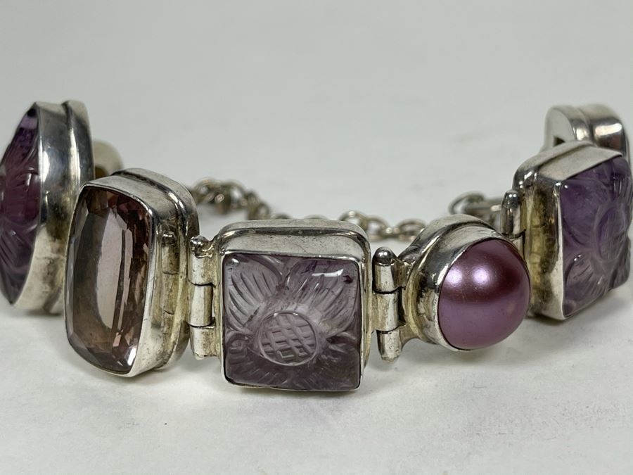 Vintage Sterling Silver Pearl And Multi-Stone Bracelet 57.1g [Photo 5]