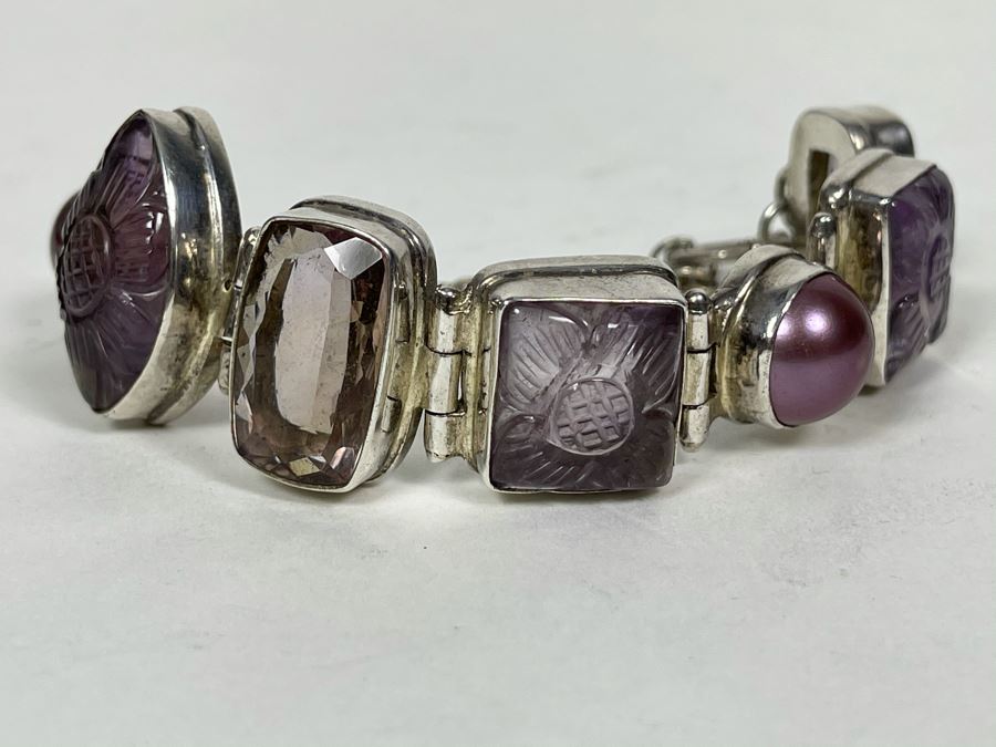 Vintage Sterling Silver Pearl And Multi-Stone Bracelet 57.1g [Photo 2]