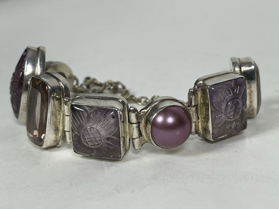 Vintage Sterling Silver Pearl And Multi-Stone Bracelet 57.1g [Photo 6]