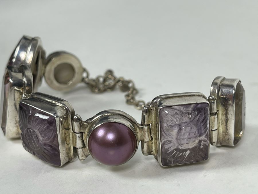 Vintage Sterling Silver Pearl And Multi-Stone Bracelet 57.1g [Photo 7]