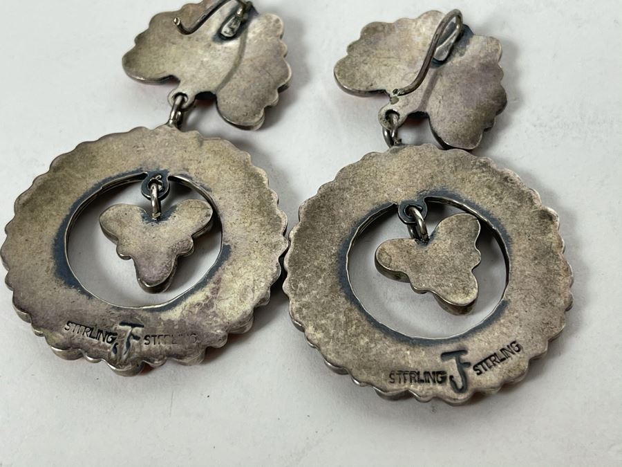 Vintage Signed Sterling Silver And Coral Earrings Signed JF 22.8g [Photo 9]