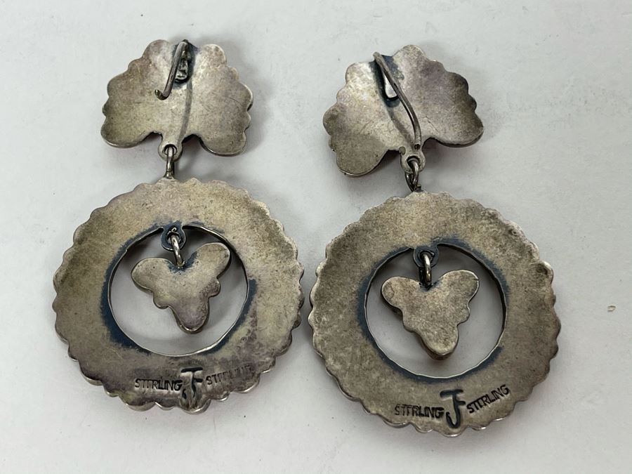 Vintage Signed Sterling Silver And Coral Earrings Signed JF 22.8g [Photo 8]