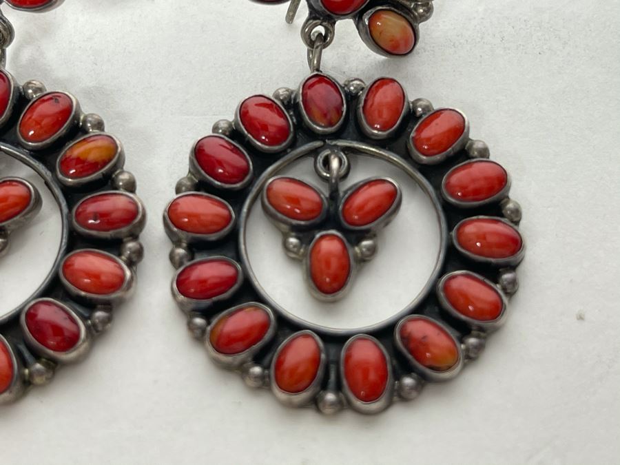 Vintage Signed Sterling Silver And Coral Earrings Signed JF 22.8g [Photo 5]