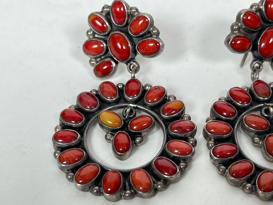 Vintage Signed Sterling Silver And Coral Earrings Signed JF 22.8g [Photo 7]