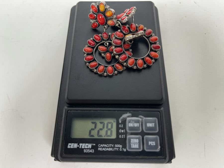 Vintage Signed Sterling Silver And Coral Earrings Signed JF 22.8g [Photo 11]