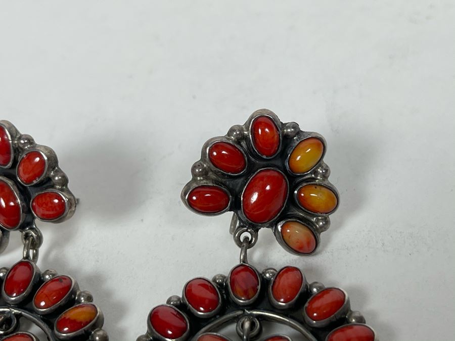Vintage Signed Sterling Silver And Coral Earrings Signed JF 22.8g [Photo 6]