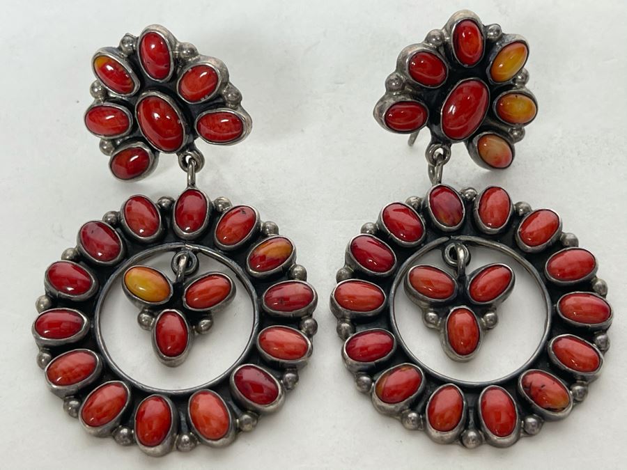Vintage Signed Sterling Silver And Coral Earrings Signed JF 22.8g [Photo 4]