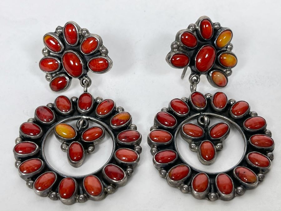 Vintage Signed Sterling Silver And Coral Earrings Signed JF 22.8g [Photo 1]