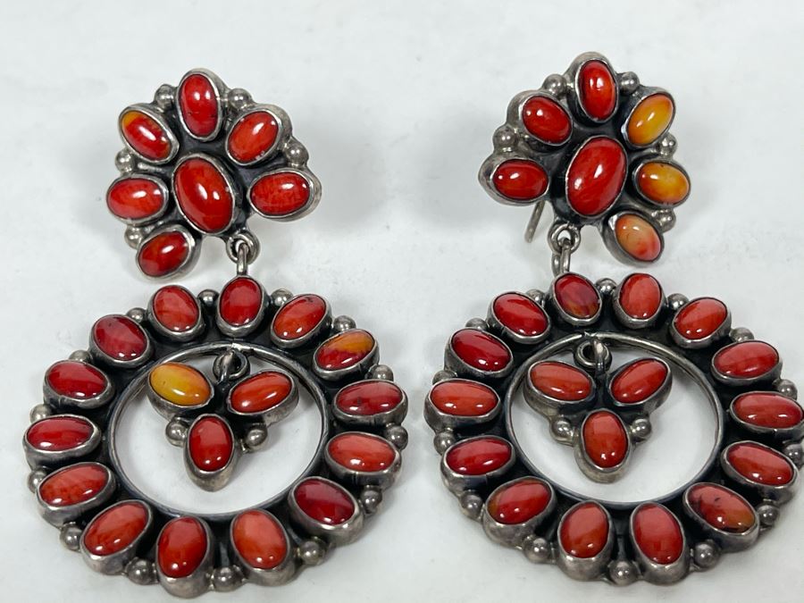 Vintage Signed Sterling Silver And Coral Earrings Signed JF 22.8g