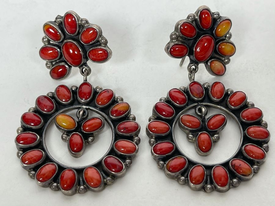 Vintage Signed Sterling Silver And Coral Earrings Signed JF 22.8g [Photo 3]