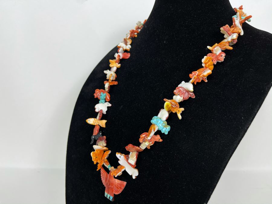 Vintage Native American Animal Fetish Carved Coral Turquoise Stone Necklace 28L [Photo 12]