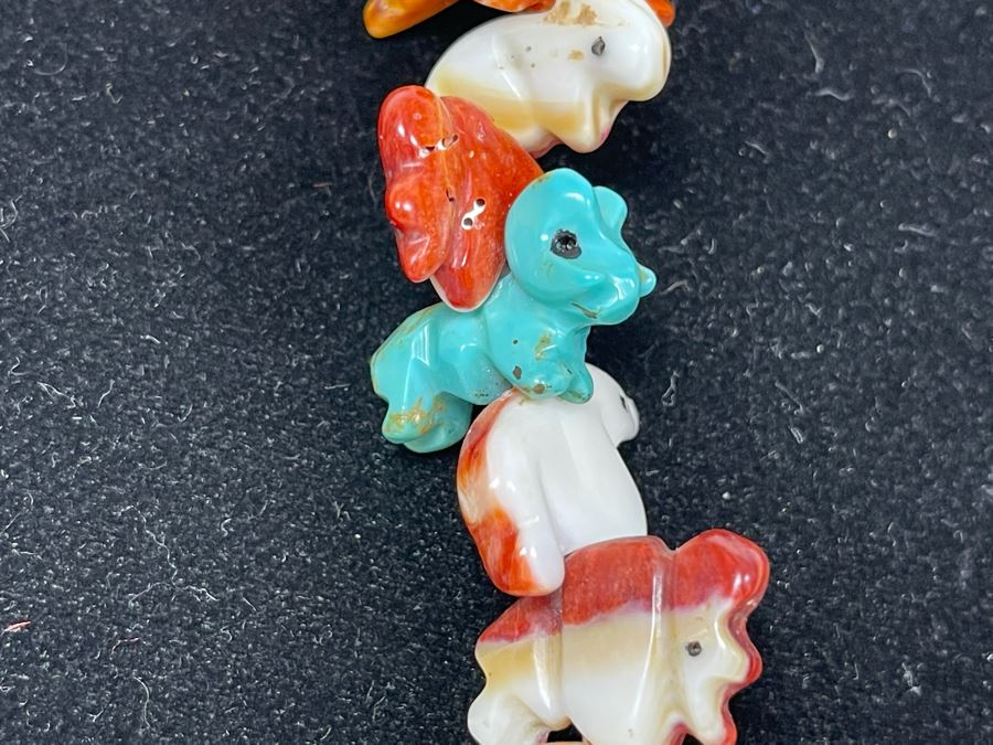 Vintage Native American Animal Fetish Carved Coral Turquoise Stone Necklace 28L [Photo 6]