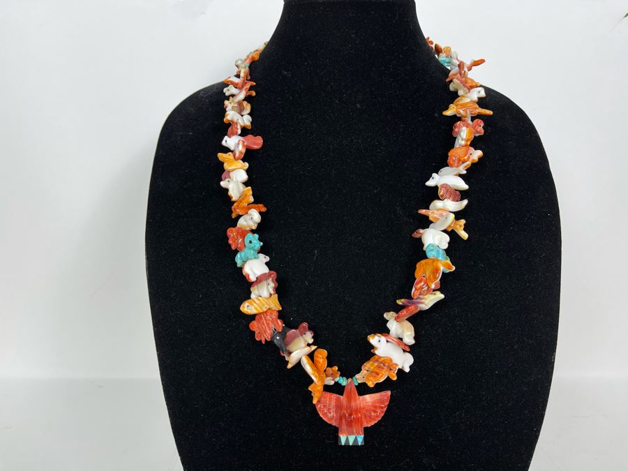 Vintage Native American Animal Fetish Carved Coral Turquoise Stone Necklace 28L [Photo 1]