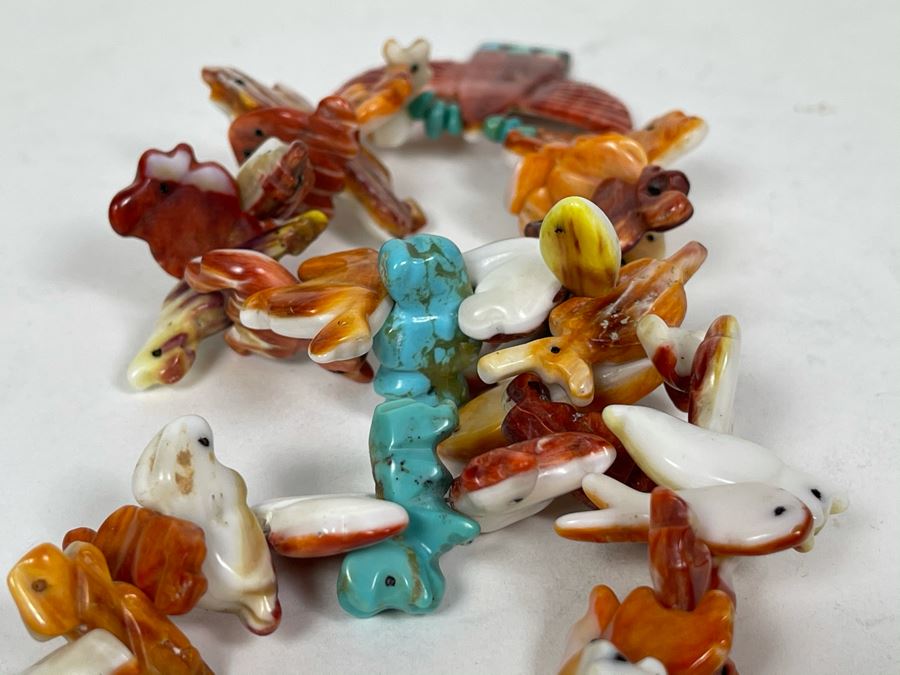 Vintage Native American Animal Fetish Carved Coral Turquoise Stone Necklace 28L [Photo 16]