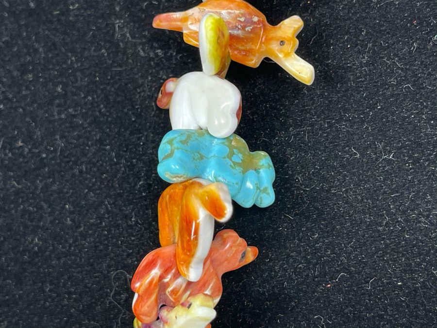 Vintage Native American Animal Fetish Carved Coral Turquoise Stone Necklace 28L [Photo 4]