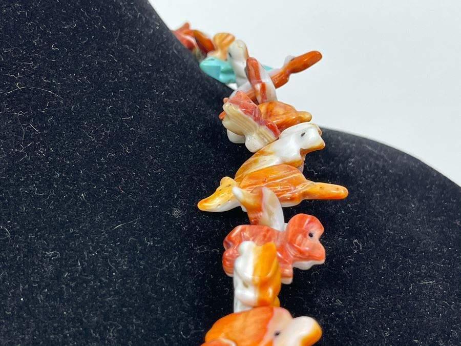 Vintage Native American Animal Fetish Carved Coral Turquoise Stone Necklace 28L [Photo 5]