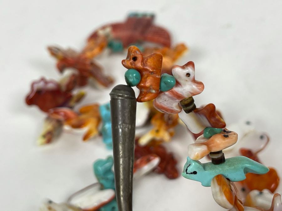 Vintage Native American Animal Fetish Carved Coral Turquoise Stone Necklace 28L [Photo 15]