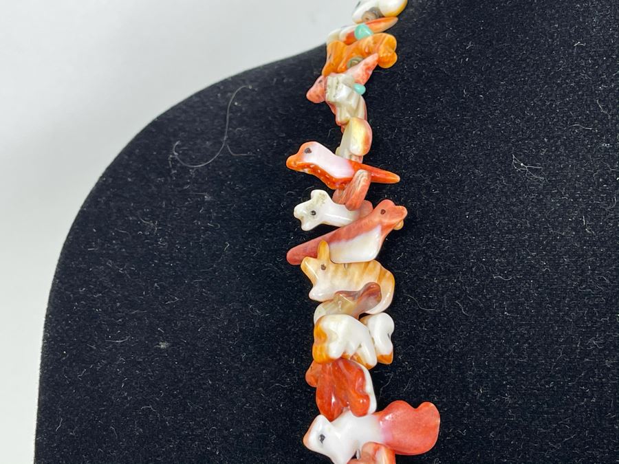 Vintage Native American Animal Fetish Carved Coral Turquoise Stone Necklace 28L [Photo 9]