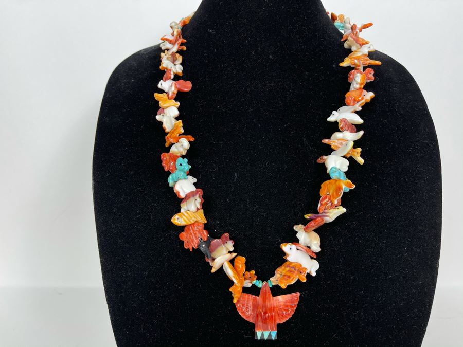 Vintage Native American Animal Fetish Carved Coral Turquoise Stone Necklace 28L [Photo 2]