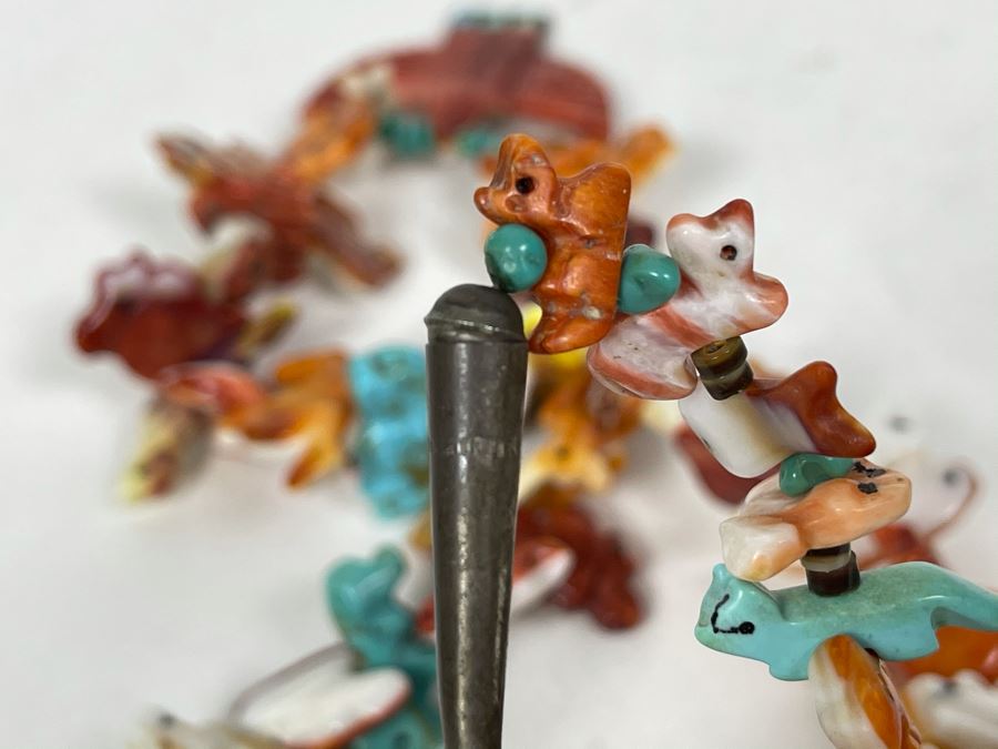 Vintage Native American Animal Fetish Carved Coral Turquoise Stone Necklace 28L [Photo 14]