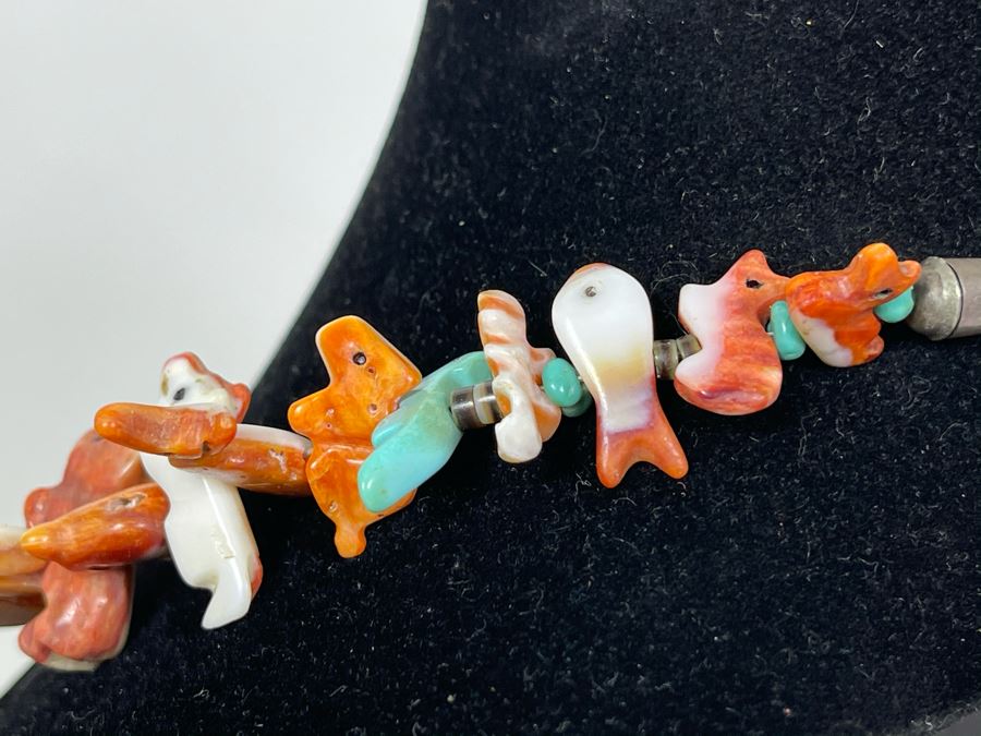 Vintage Native American Animal Fetish Carved Coral Turquoise Stone Necklace 28L [Photo 10]