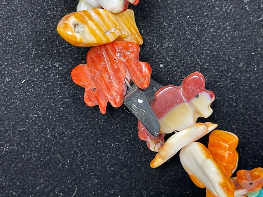 Vintage Native American Animal Fetish Carved Coral Turquoise Stone Necklace 28L [Photo 7]
