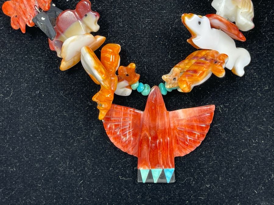 Vintage Native American Animal Fetish Carved Coral Turquoise Stone Necklace 28L [Photo 3]