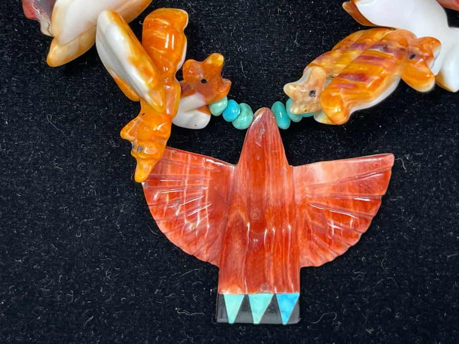 Vintage Native American Animal Fetish Carved Coral Turquoise Stone Necklace 28L [Photo 8]