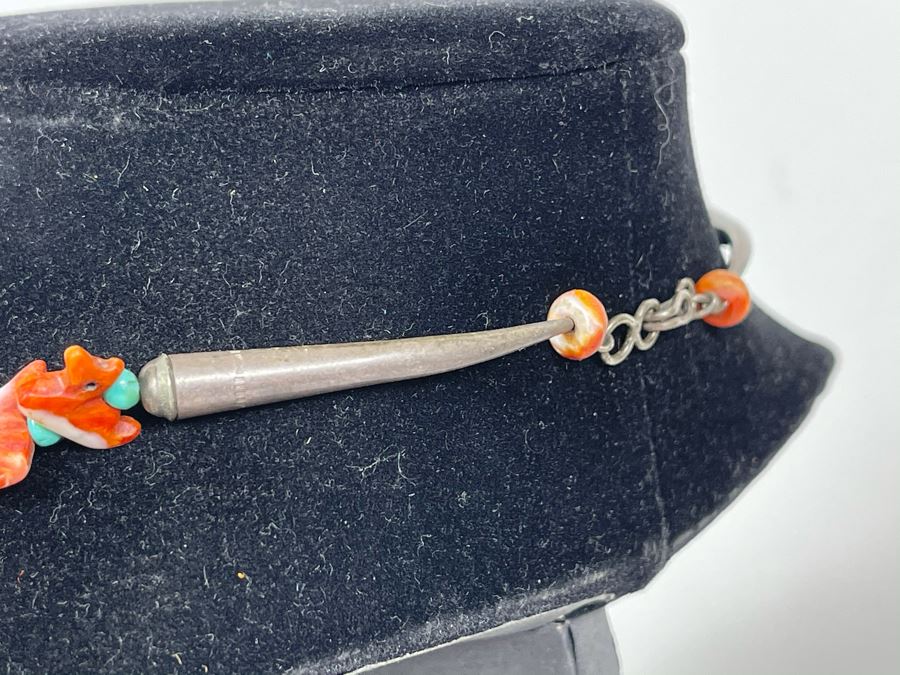 Vintage Native American Animal Fetish Carved Coral Turquoise Stone Necklace 28L [Photo 11]