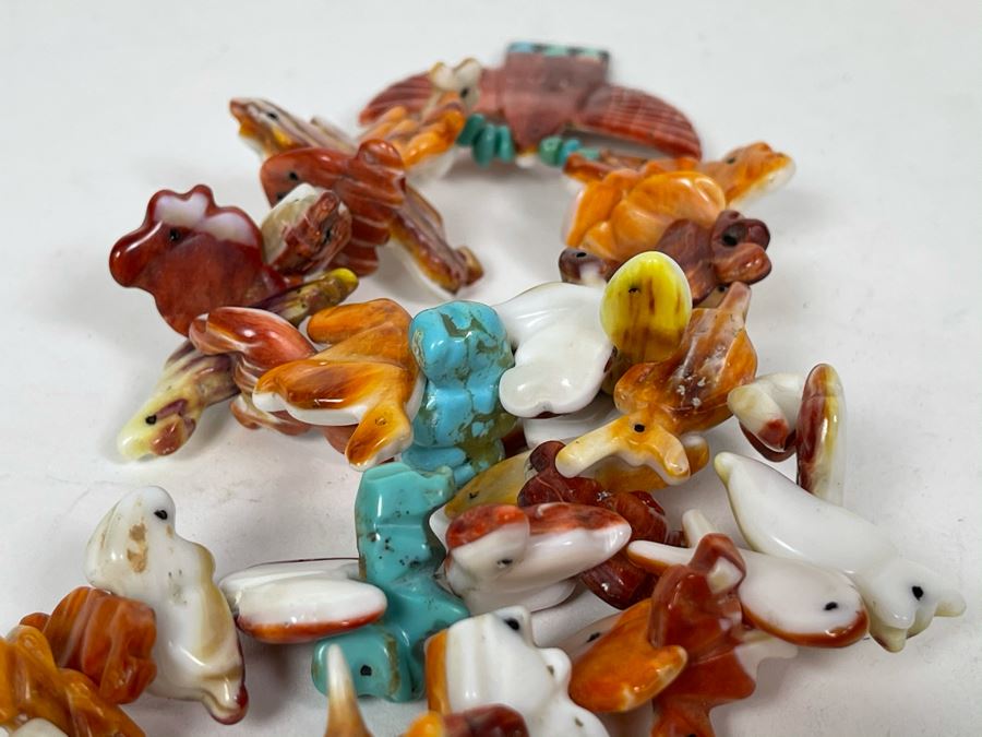 Vintage Native American Animal Fetish Carved Coral Turquoise Stone Necklace 28L [Photo 17]