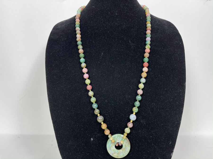 Mulit-Colored Stone Beaded Necklace With Donut Pendant 32L