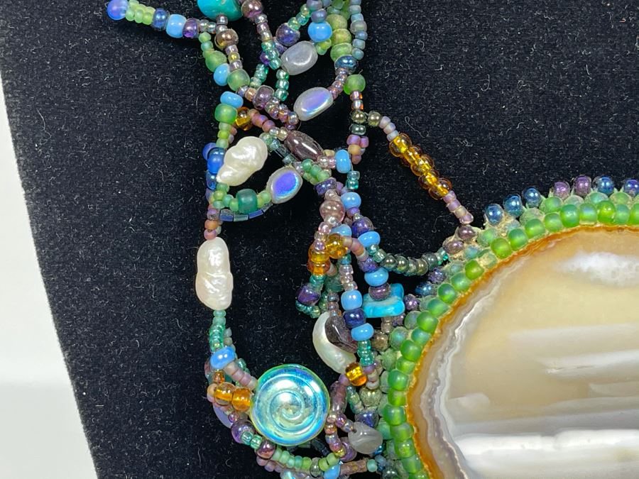Handmade Beaded Statement Piece Necklace With Polished Agate Pendant 28L [Photo 4]