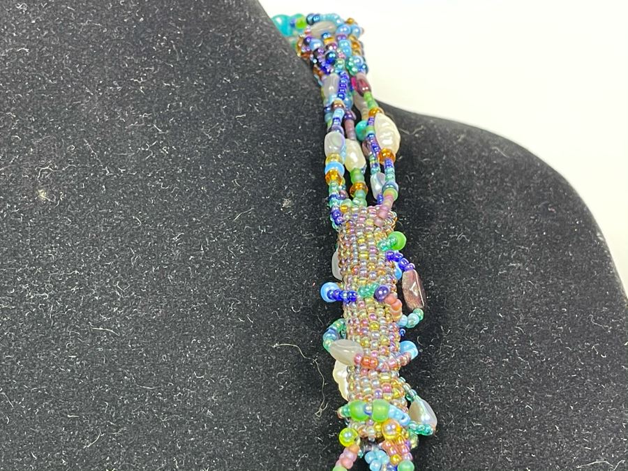 Handmade Beaded Statement Piece Necklace With Polished Agate Pendant 28L [Photo 8]