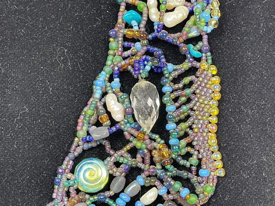 Handmade Beaded Statement Piece Necklace With Polished Agate Pendant 28L [Photo 6]