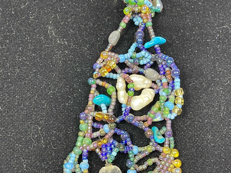 Handmade Beaded Statement Piece Necklace With Polished Agate Pendant 28L [Photo 7]