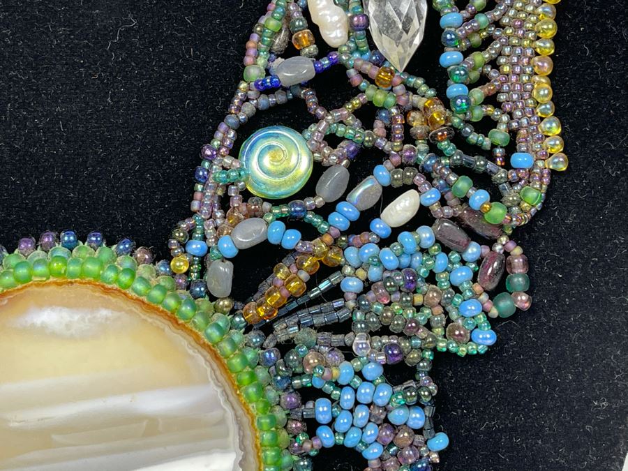 Handmade Beaded Statement Piece Necklace With Polished Agate Pendant 28L [Photo 5]