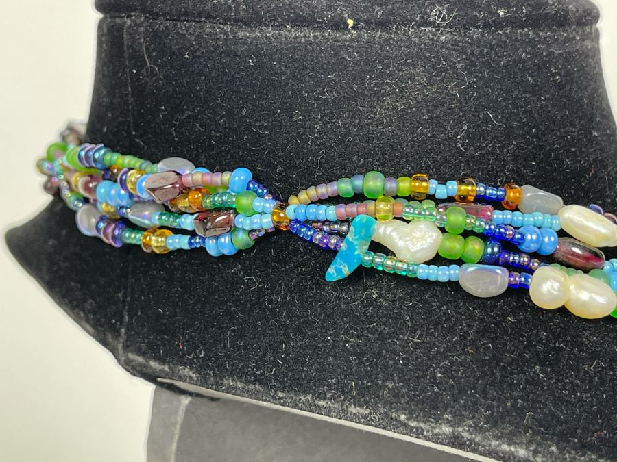 Handmade Beaded Statement Piece Necklace With Polished Agate Pendant 28L [Photo 10]