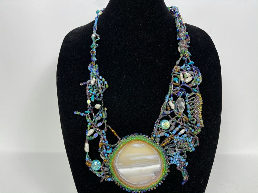 Handmade Beaded Statement Piece Necklace With Polished Agate Pendant 28L [Photo 2]