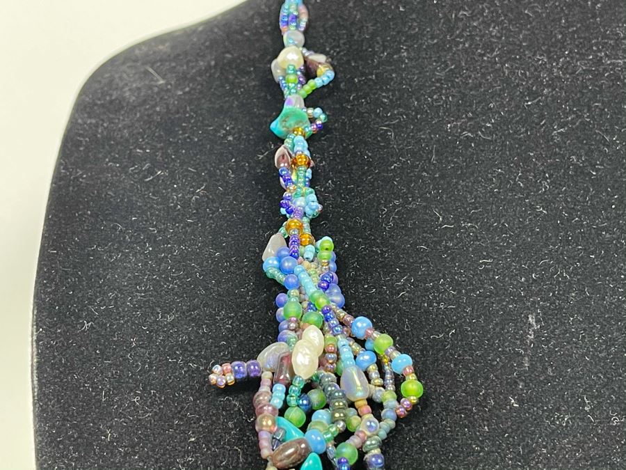 Handmade Beaded Statement Piece Necklace With Polished Agate Pendant 28L [Photo 9]