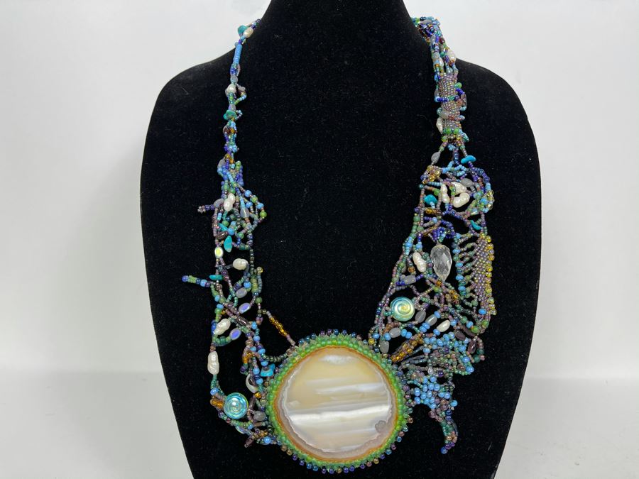 Handmade Beaded Statement Piece Necklace With Polished Agate Pendant 28L [Photo 1]