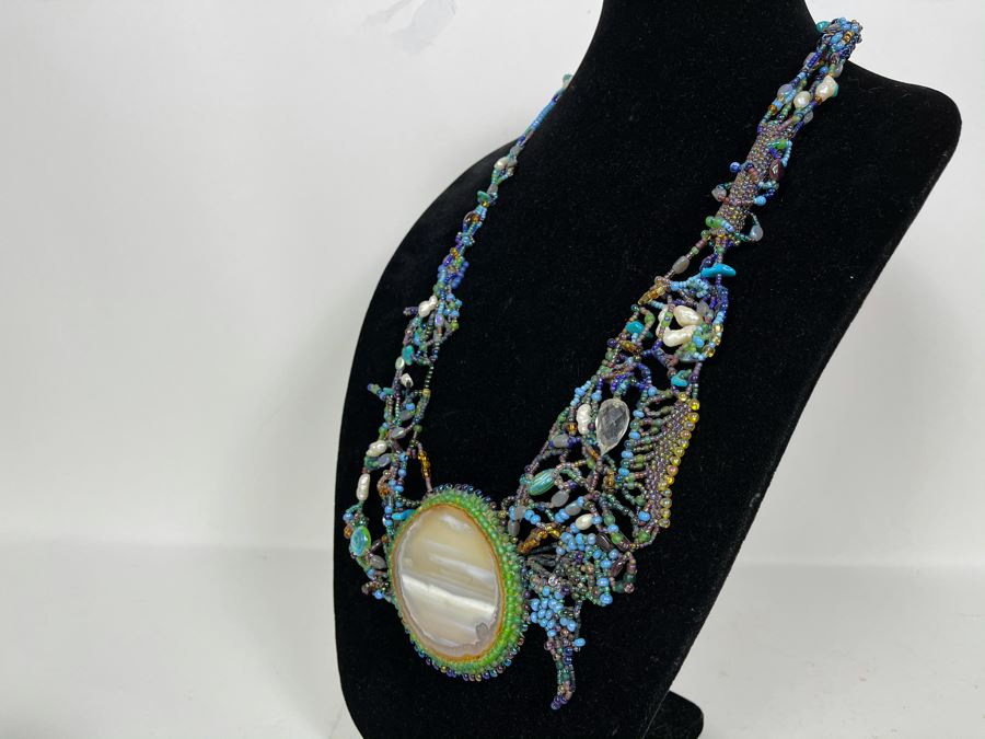 Handmade Beaded Statement Piece Necklace With Polished Agate Pendant 28L [Photo 11]