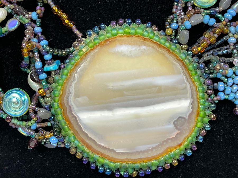 Handmade Beaded Statement Piece Necklace With Polished Agate Pendant 28L [Photo 3]