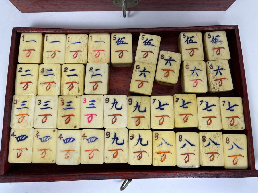 Vintage Chinese Mahjong Set Bamboo And Bone Tiles With Rosewood Wooden 5-Drawer Box 9.5W X 6D X 6.5H [Photo 18]